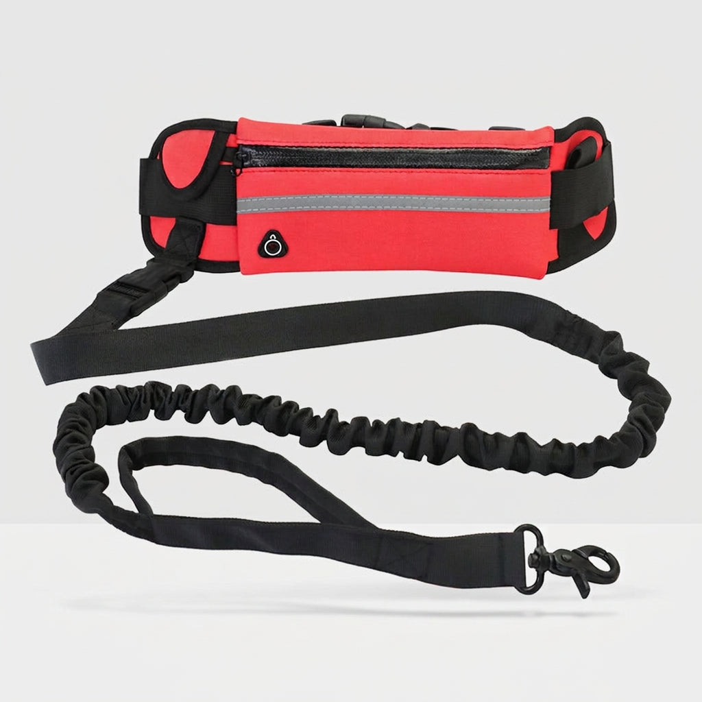 Red waist bag with black bungee leash on a white background