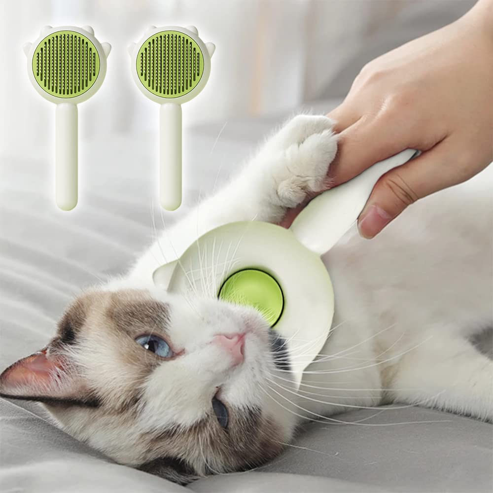 Cat being groomed with a pet grooming brush on a soft surface