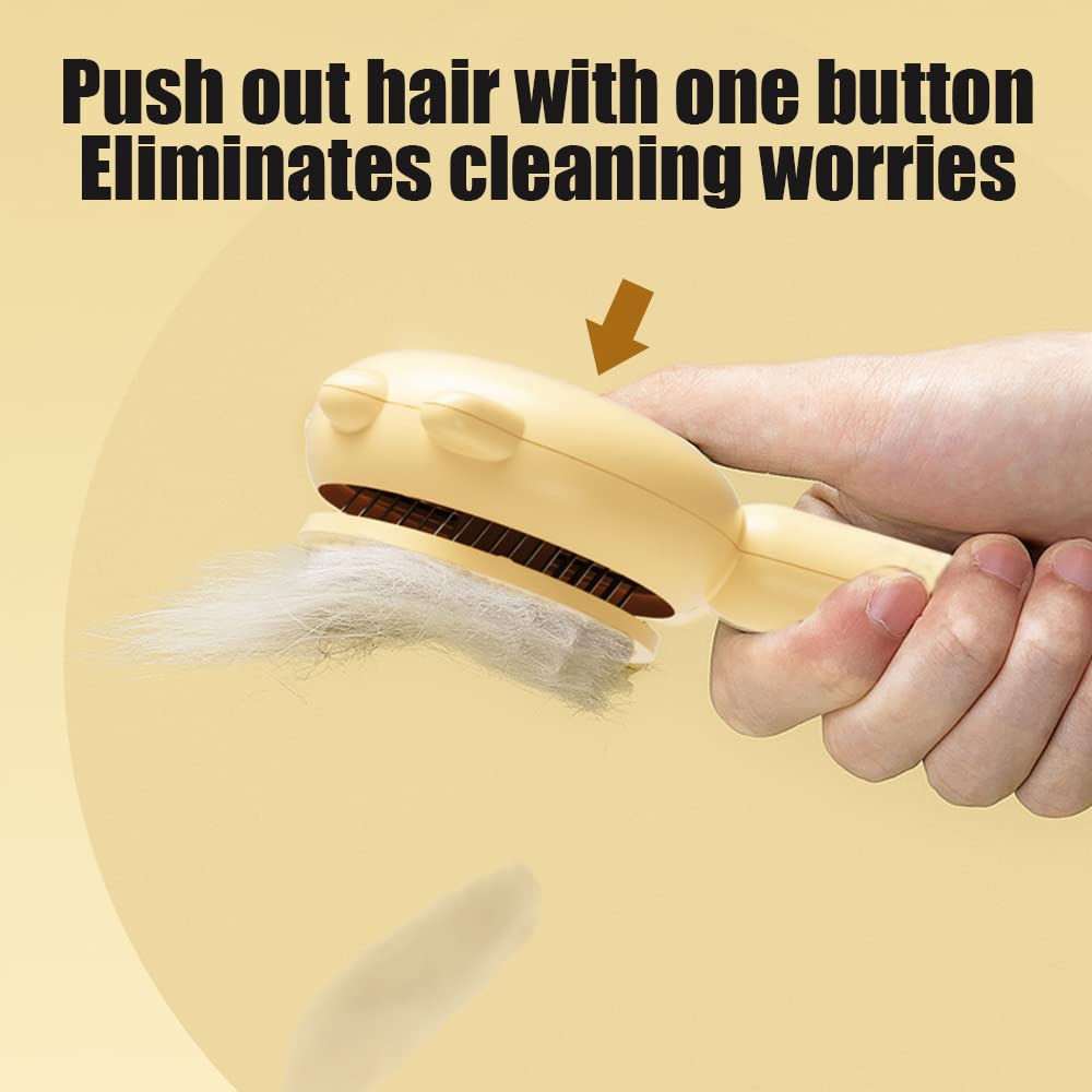 Hand holding a grooming tool with text on a yellow background