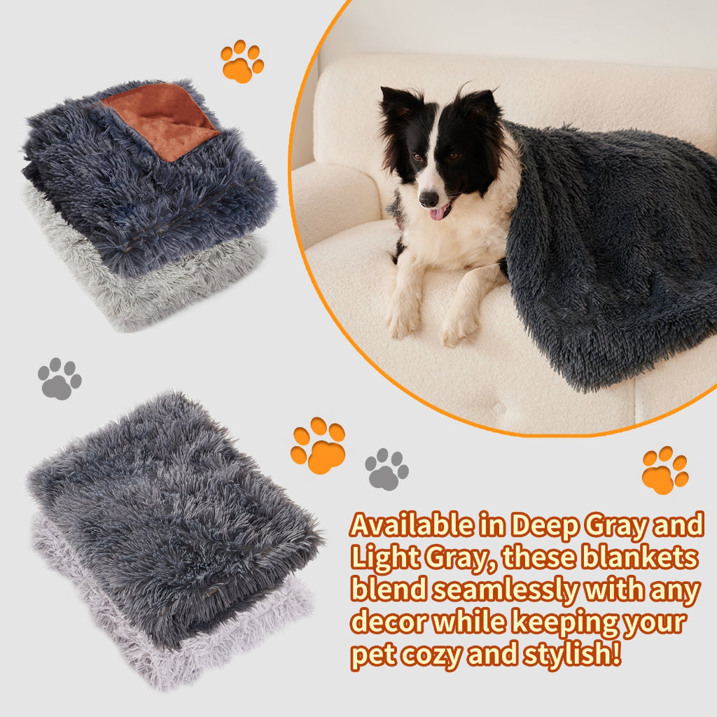 Fluffy gray blanket with a dog on a cushion, surrounded by paw prints and text about product availability.