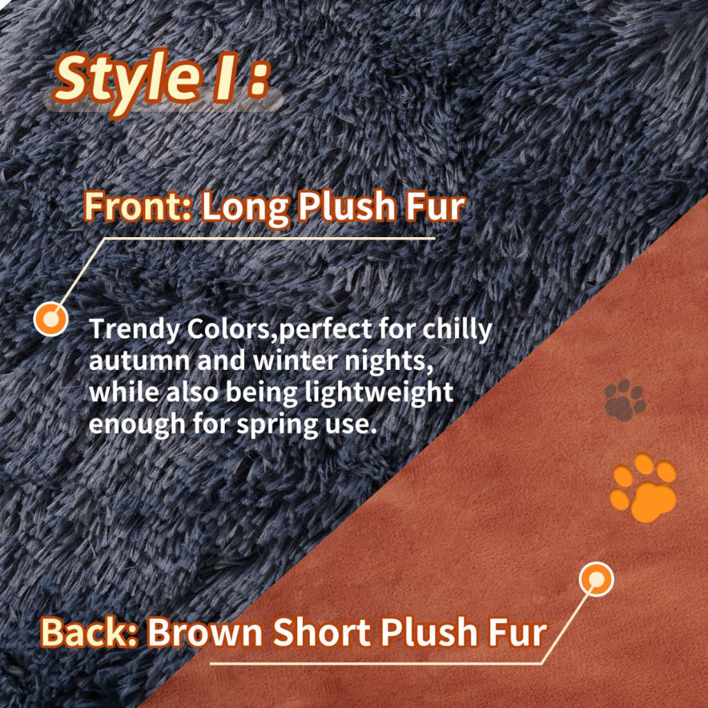 Text description of fur style with long plush fur on front and brown short plush fur on back.
