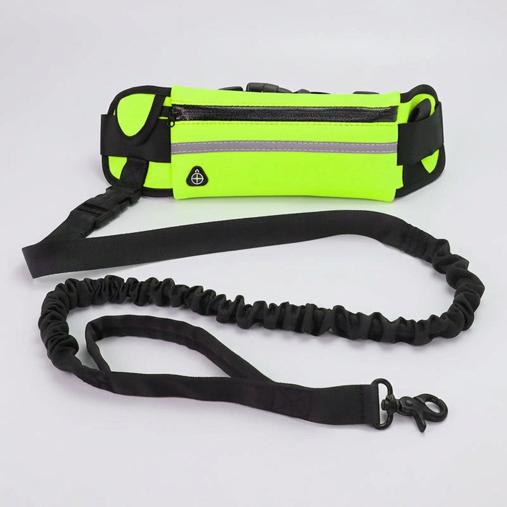 Neon green waist bag with black leash on a white background