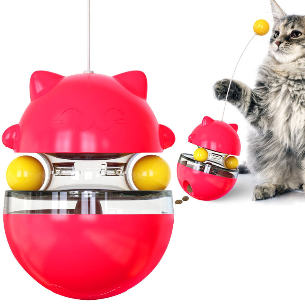Red cat-shaped toy with yellow balls and a cat interacting with it on a white background