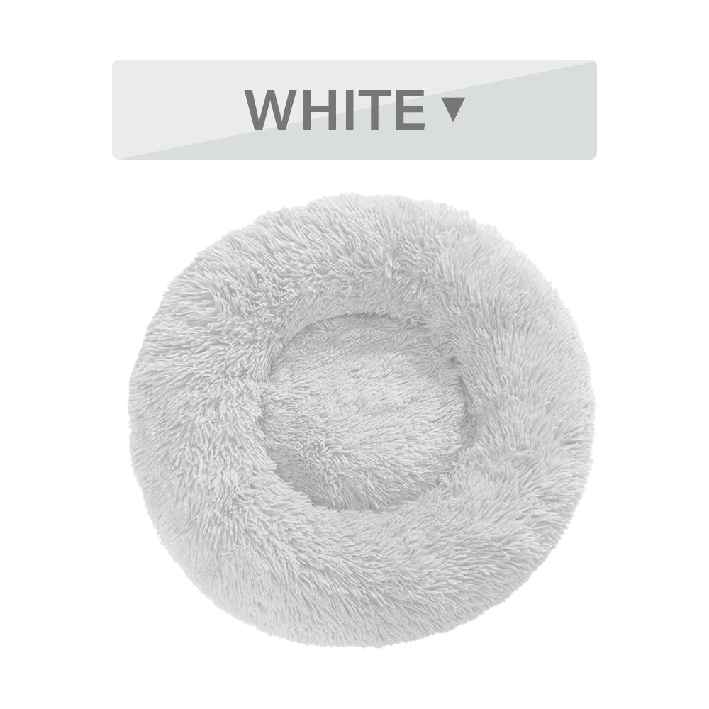 Fluffy white donut-shaped pet bed with 'White' label on a white background