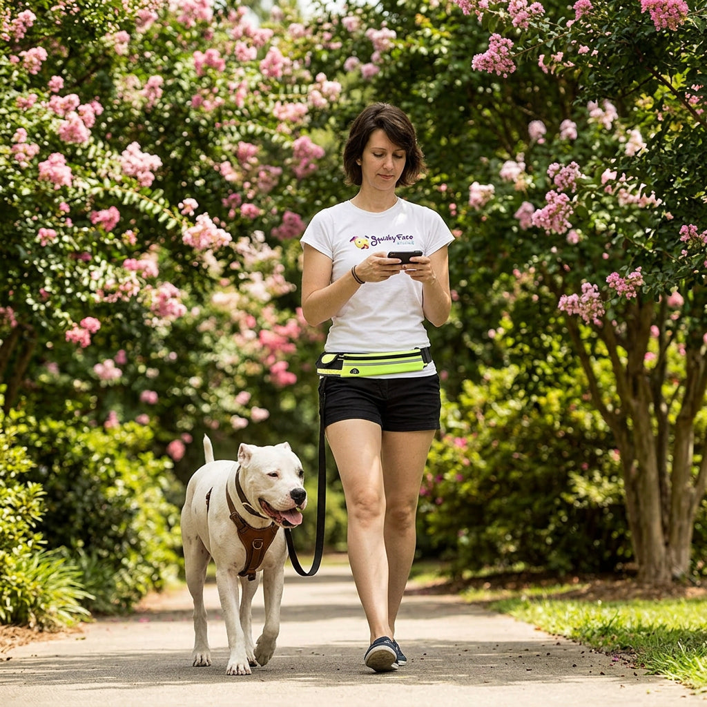 Woman walking a white dog on a leash in a park-like setting