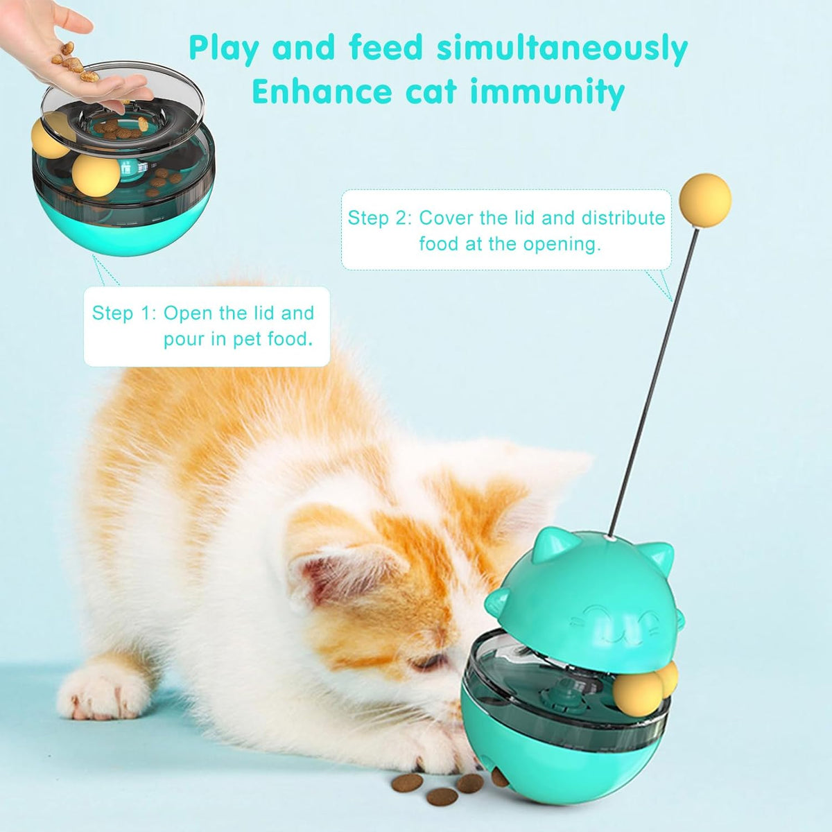 Cat playing with a teal pet toy that doubles as a food dispenser on a light blue background.