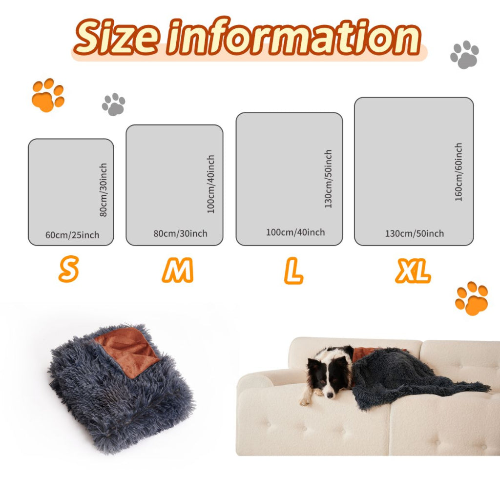 Size chart for a pet blanket with measurements and a dog on a couch