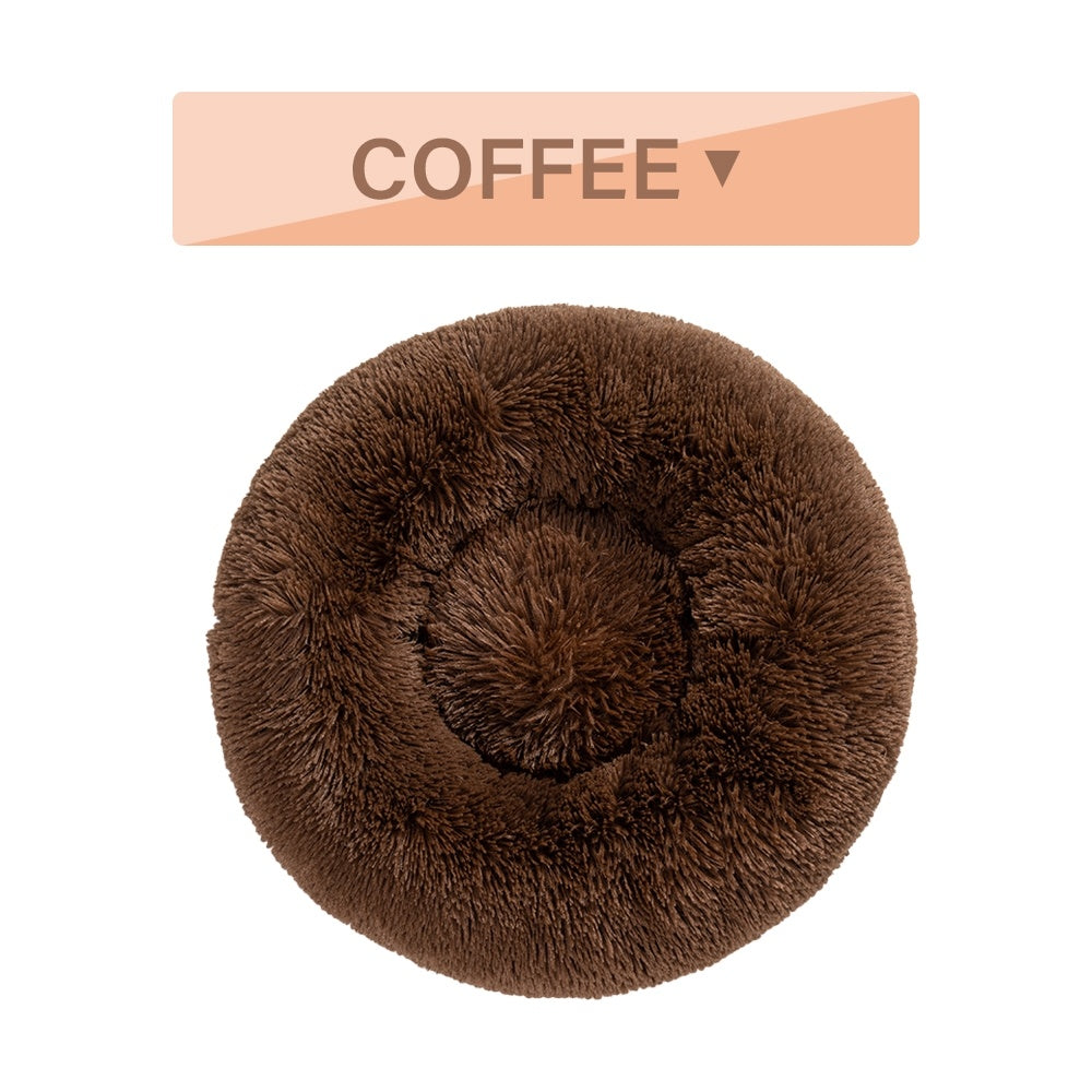 Brown fluffy pet bed with a 'Coffee' label on a white background