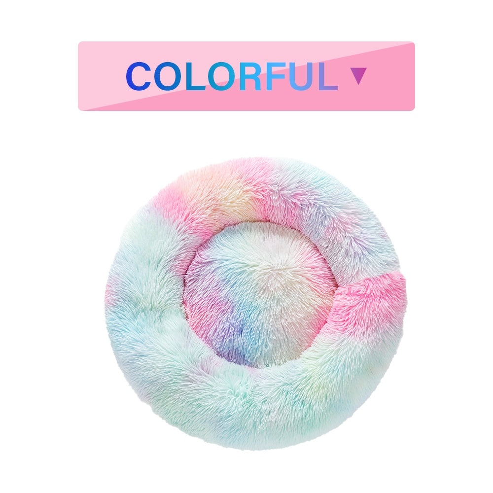 Multicolored fluffy pet bed with a 'Colorful' label on a white background