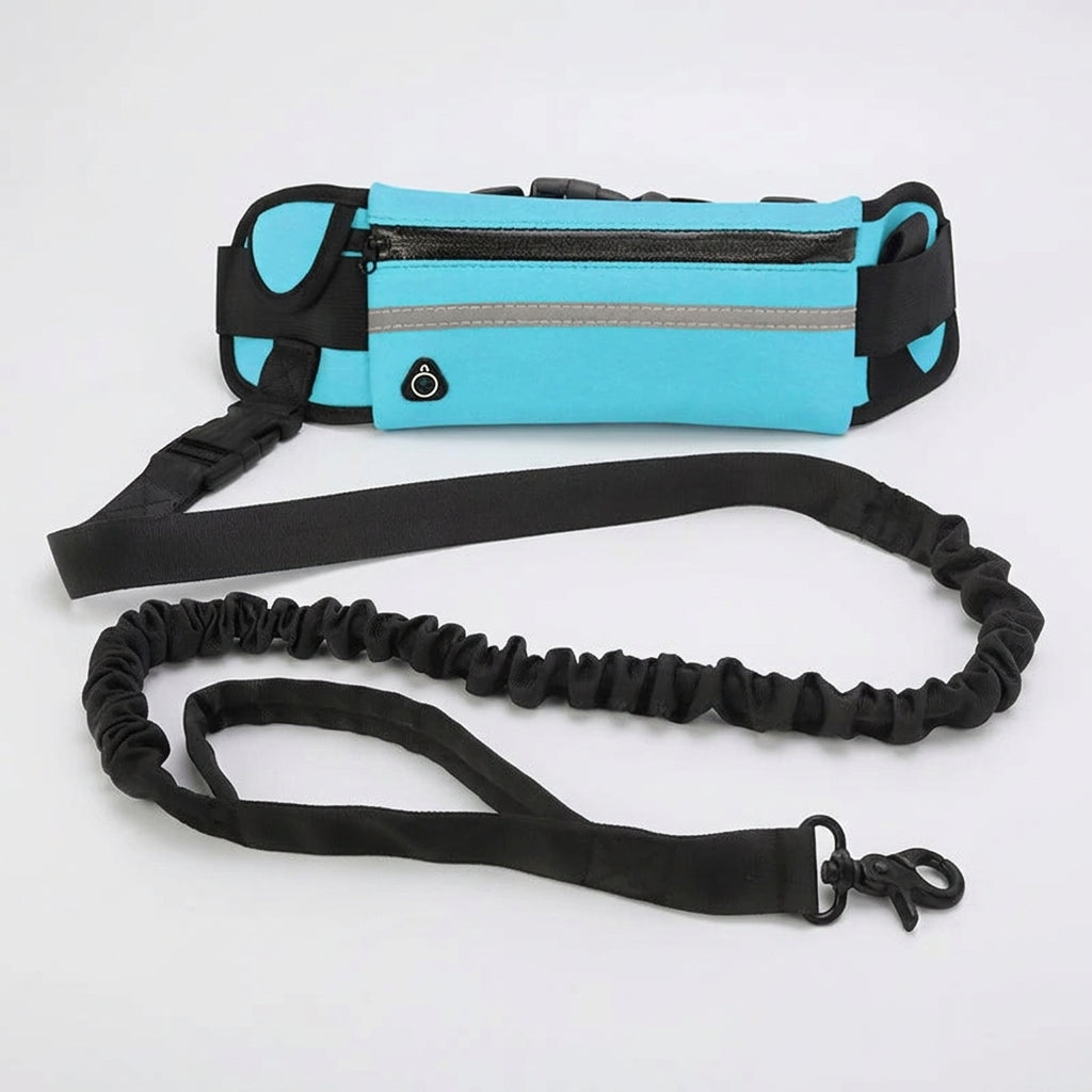 Blue waist bag with black bungee leash on a white background