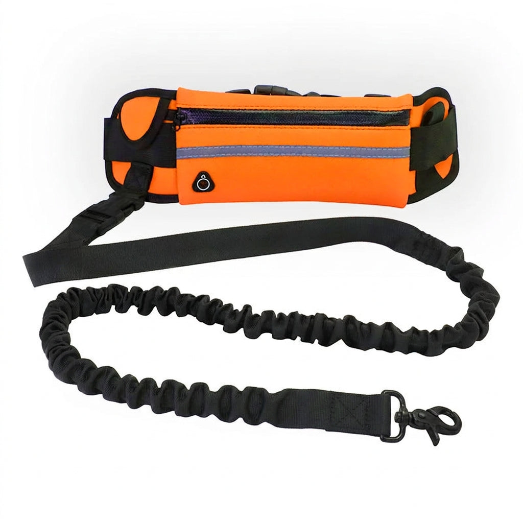 Orange waist bag with black bungee leash on a white background