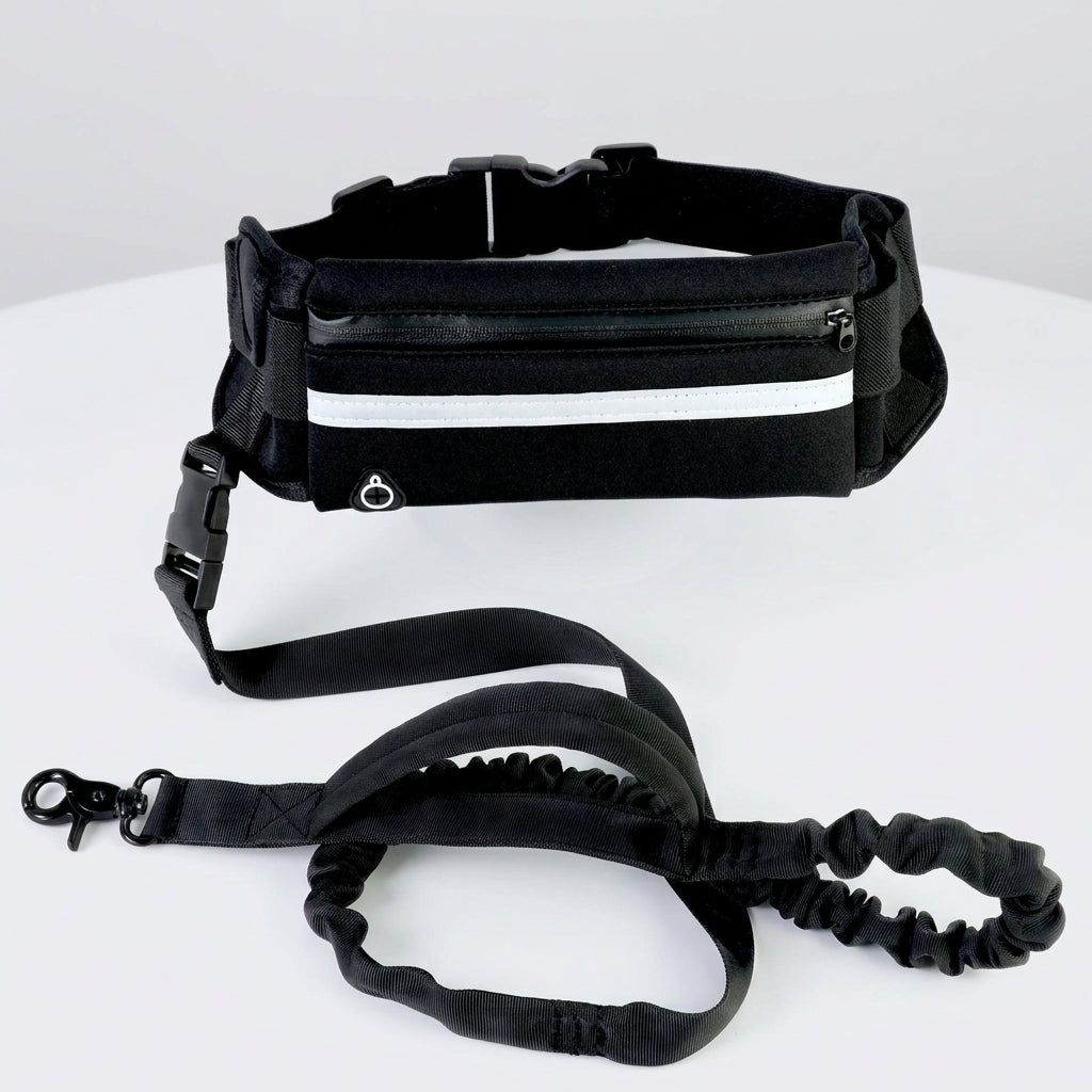 Black waist bag with reflective strip and bungee leash on a white background
