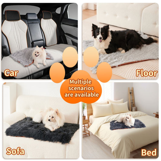 Collage of a dog using a pet mat in various settings including car, floor, sofa, and bed.