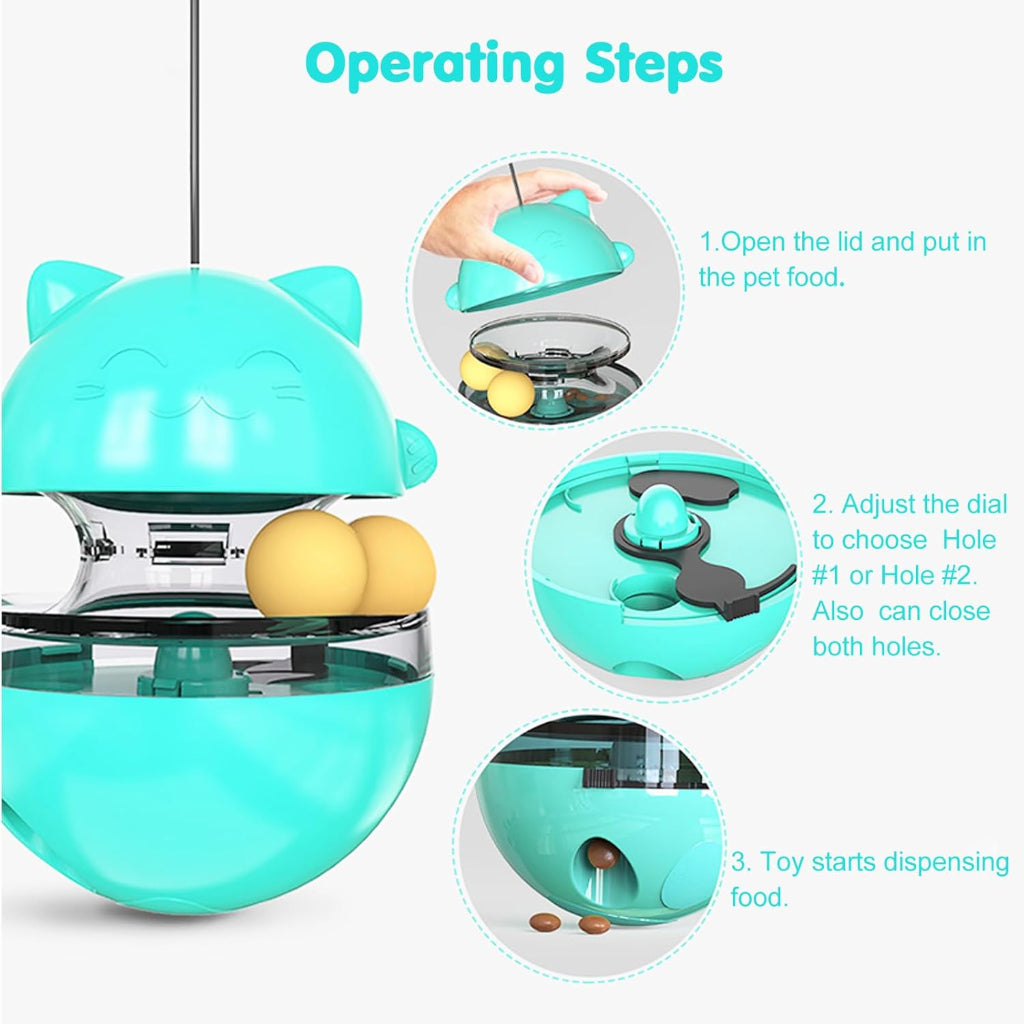 Teal pet toy with operating steps on a white background