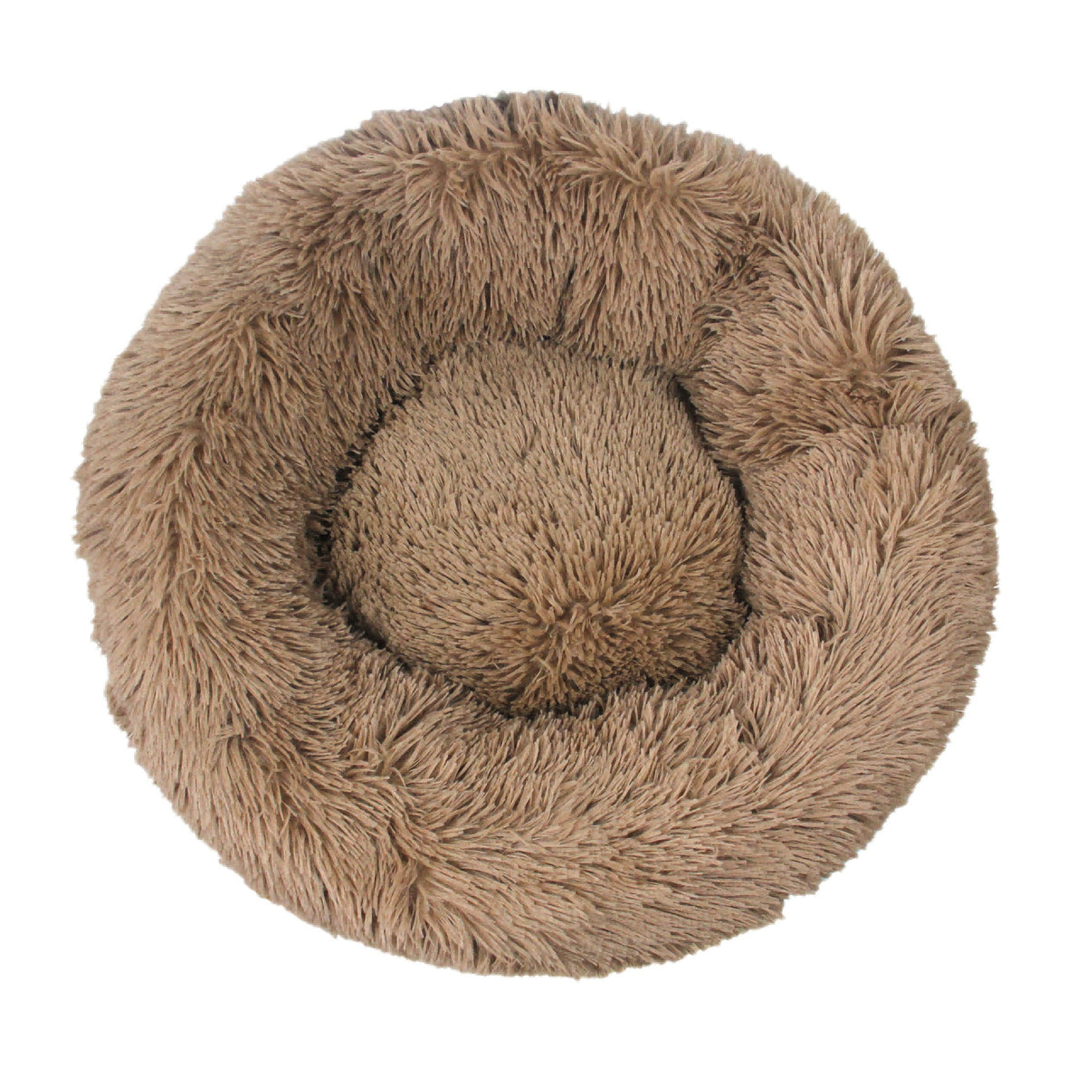 Round, plush pet bed in brown on a white background
