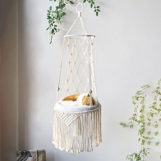 Macrame hanging chair with fringes against a light gray wall with plants.
